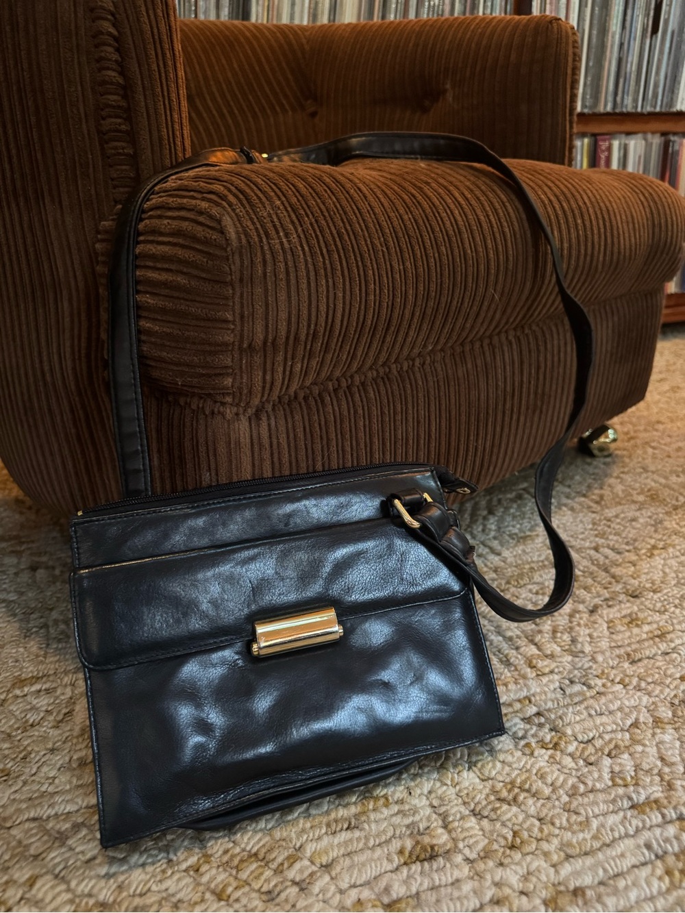 Vintage Black Leather Crossbody Bag with Gold Hardware